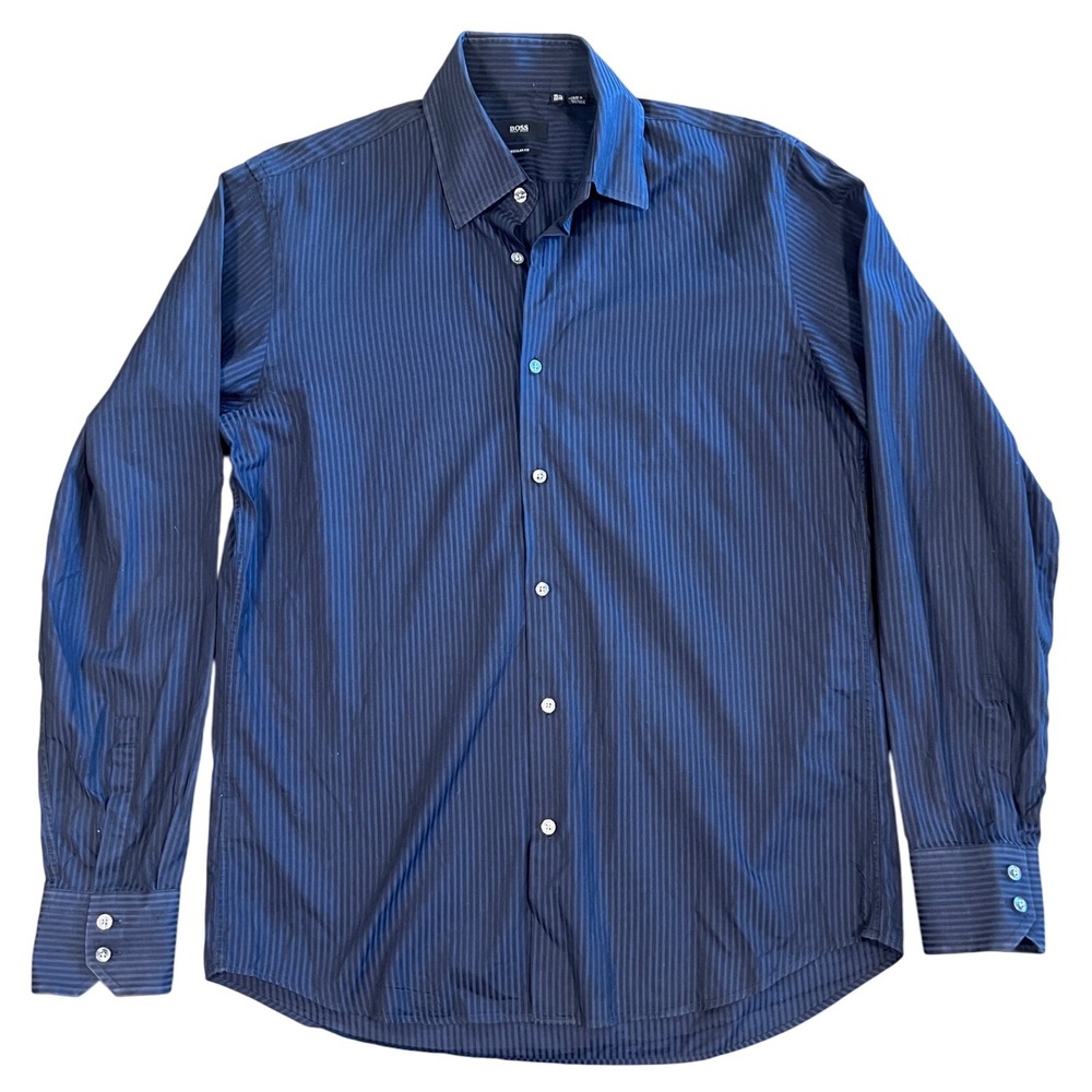 BOSS Hugo Boss Men's Dress Shirt 15.5 34/35 Navy‎ Stripe Regular Fit Long Sleeve